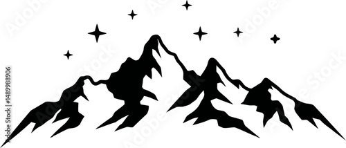 Minimalist mountain silhouette with stars scattered above. Perfect for outdoor lifestyle branding, night adventure themes, camping graphics, and stargazing illustrations.
