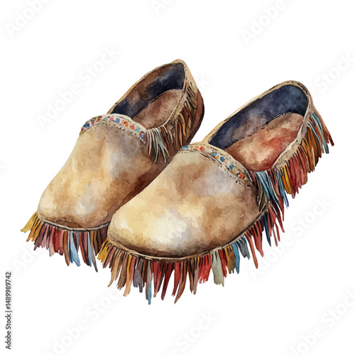 Pair Of Moccasin Slippers With Fringe, watercolor painting vector, high quality, isolated on a white background.