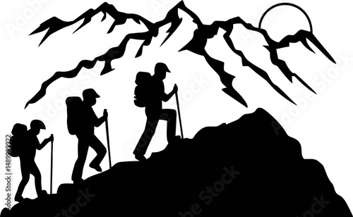Silhouette vector of hikers trekking on a mountain ridge with a scenic sunrise backdrop. Perfect for outdoor adventure branding, hiking club logos, travel gear designs, and mountain exploration themes