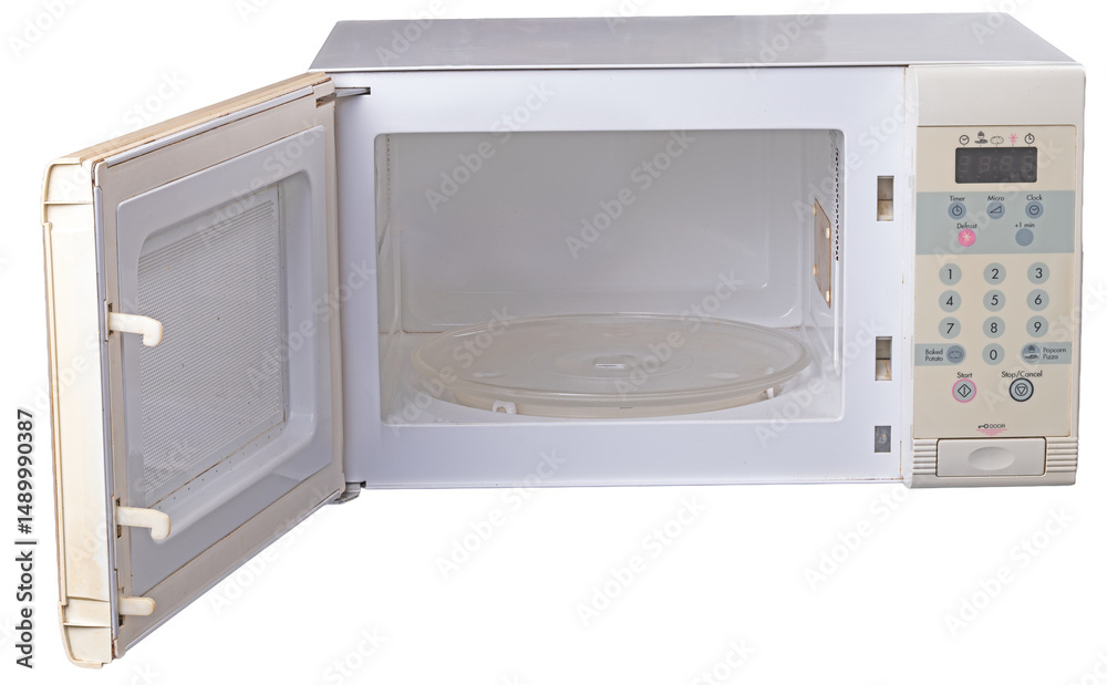 Obraz premium Empty open microwave on isolated background. 