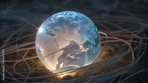 Global Data Network Connection Concept With Luminous Earth And Fiber Optic Cables For Communication And Technology