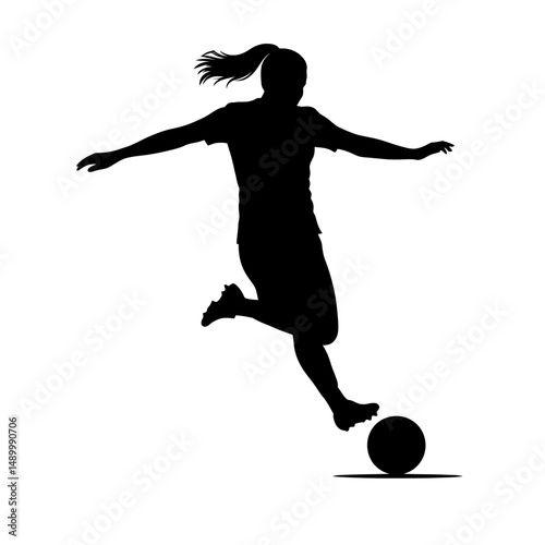 Silhouette of a female soccer player kicking a ball with arms outstretched in a dynamic action pose
