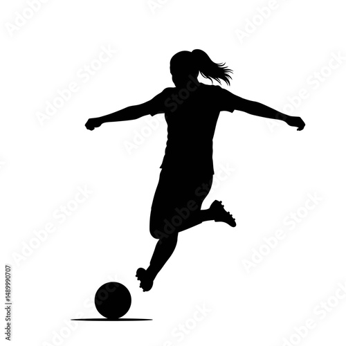 Silhouette of a female soccer player kicking a ball with arms extended on a white background design