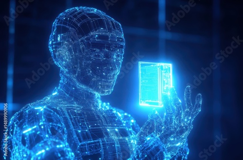 Robotic hand holding innovation core, AI semiconductor