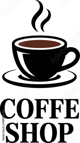 Minimalist coffee cup icon with steam and bold “Coffee Shop” text. Ideal for café logos, coffee branding, or signage design.