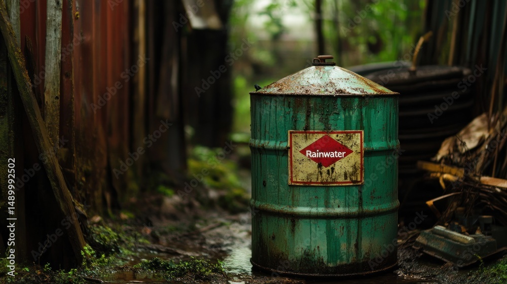 Fototapeta premium Rusty rainwater barrel in overgrown environment
