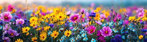 Blooming flowers in meadow across glowing vibrant paradise concept. Colorful wildflower field blooming with vibrant spring flowers.