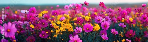 Blooming flowers in meadow across glowing vibrant paradise concept. Vibrant field of blooming flowers in various colors and shapes.