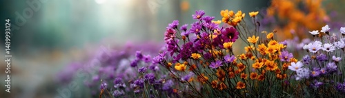 Blooming flowers in meadow with paradise feel and dreamy concept. A vibrant field of blooming flowers in diverse colors and textures.