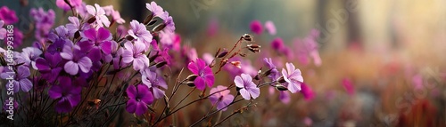 Blooming flowers in meadow with paradise feel and dreamy concept. Beautiful pink flowers blooming in a serene natural landscape.