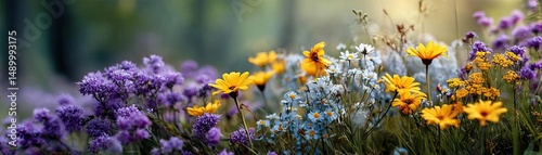 Blooming flowers in meadow with paradise feel and dreamy concept. Beautiful blooming flowers in vibrant colors, nature's wonder.