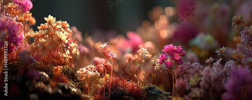 Blooming flowers in meadow through dreamy gardens and paradise concept. Vibrant flowers and foliage glowing in soft, warm light.