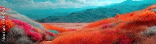 Blooming flowers in meadow through dreamy gardens and paradise concept. Vibrant landscape filled with colorful flora and stunning mountains.