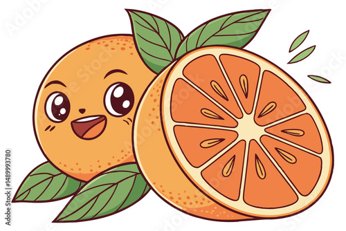 167 orange fruit with cute cartoon face and leaves, photorealistic, detailed, sharp focus, highly realistic, 8k, octane render