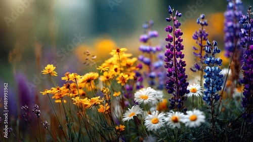 Blooming flowers in meadow across glowing vibrant paradise concept. Vibrant flowers blooming in a serene natural setting.
