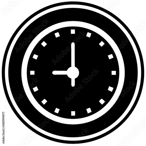 Simple black clock face with white hands and clear markers  