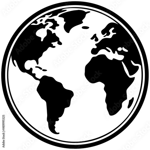 Black and white illustration of a globe showing continents and oceans  