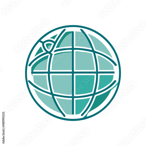 Illustration of a globe in teal color with geometric lines and shapes  