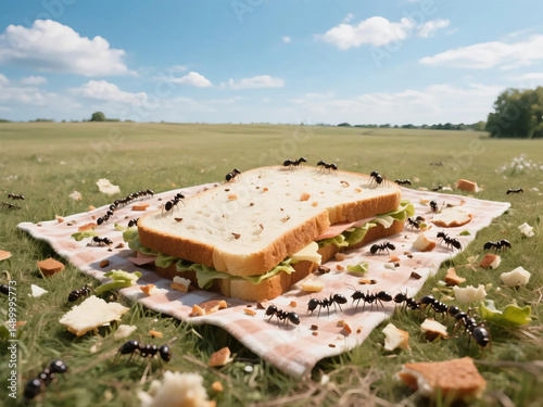 Under the Wide - angle Lens: Picnic Mat and Massive Sandwich Leftovers Attracting Ants.a group of ants devouring sandwich on a picnic mat photo