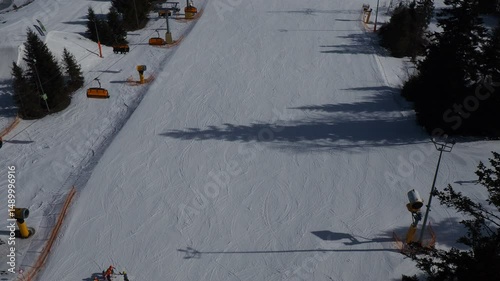 Aerial view of skiers on a winter slope