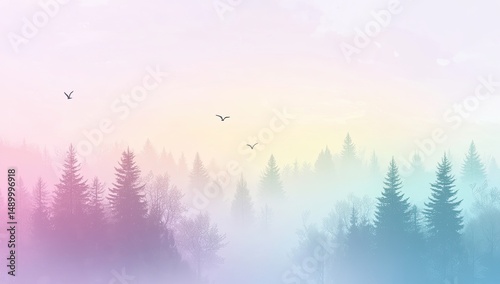 Pastel forest scene with birds in soft mist