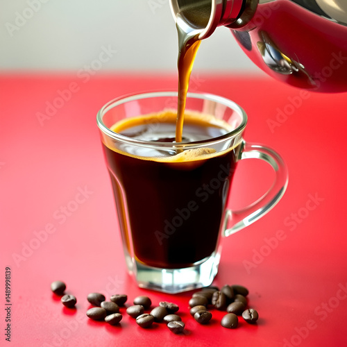Coffee Pour: Freshly brewed coffee pours into a glass, complemented by scattered beans on a red surface.