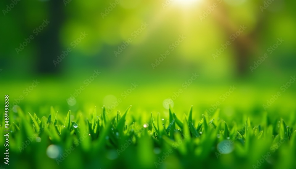 Obraz premium Soft focus image of dew drops sparkling on a lush early spring lawn, bokeh, dew drops, vibrant