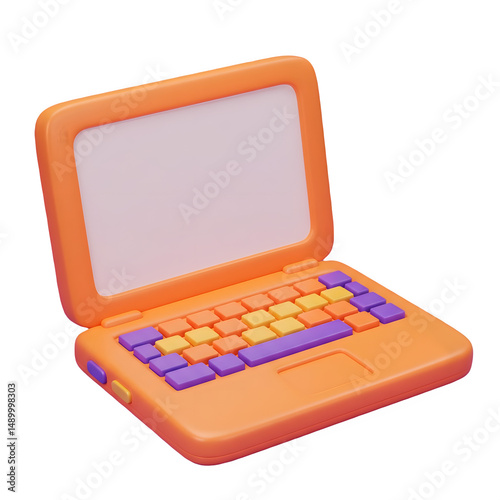 Playful orange laptop with colorful keys.  Perfect for kids or a fun design. 3D icon, plastic illustration style on transparent or white background