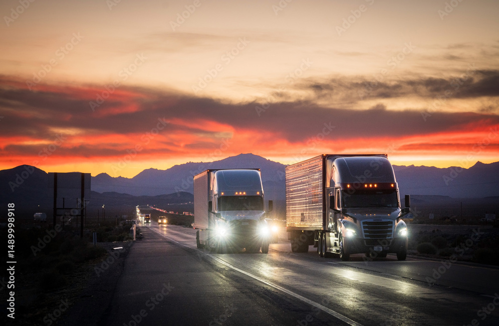 Φωτογραφία Transport semi trucks travel along Interstate Five, I-5, near near Stockton California, USA, at sunset
