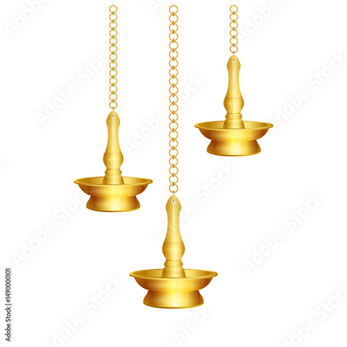 Set of kerala brass thooku vilakku, oil lamp for onam, vishu festivals, kerala home decor item on transparent background