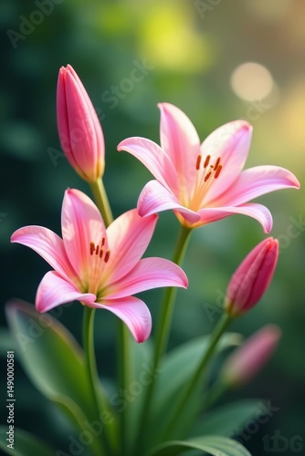 Soft pink lily flowers in dreamy garden setting, pastel colors, gentle focus, dreamy, pastel