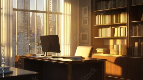 4. Office desk with a computer screen glow and afternoon sunbeams