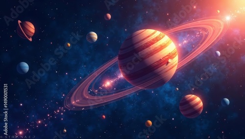 Solar system with colorful planets on starry background, space exploration concept, science, astronomy wallpaper, universe