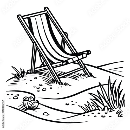 Minimalist black and white line art vector illustration of a beach chair on a sandy patch with a few tufts of grass. Clean and simple design, suitable as an icon, symbol, or for minimalist summer-them