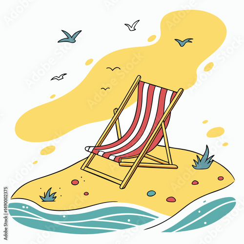 Modern and playful vector illustration of a striped beach chair on a small sandy tropical island, with stylized waves and seagulls flying above. Ideal for summer travel promotions, vacation graphics,
