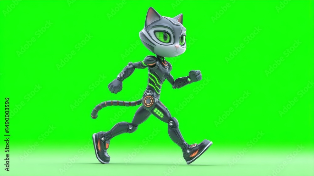 Obraz premium Cartoon Cat in Cyber Armor Running on a Vibrant Green Background