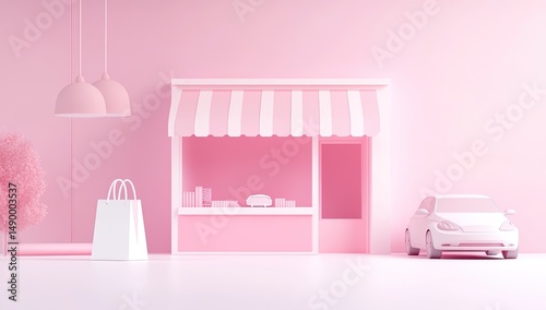 Pink storefront scene, minimalist style
