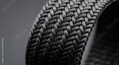 Close-up view of intricately woven black textile, showcasing the texture and pattern of the tightly braided fibers. The monochrome palette emphasizes the material's details.