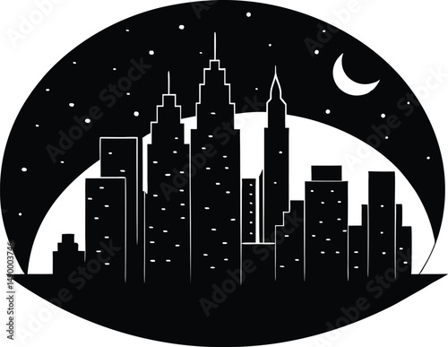 City Skyline and Moon Silhouette