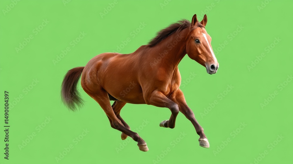Naklejka premium Cartoon Horse Performing High Jump Against Bright Green Background