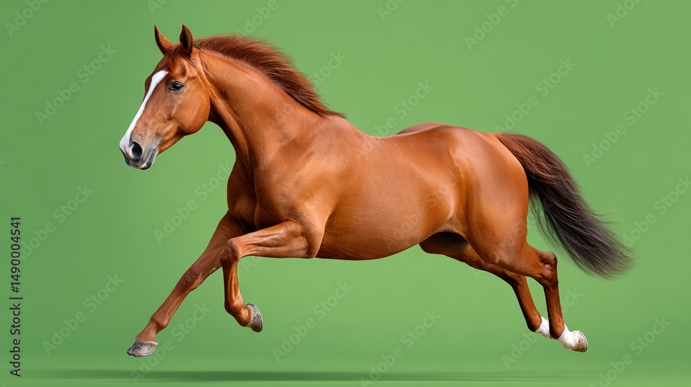 Obraz premium Cartoon Horse Performing High Jump Against Vibrant Green Background