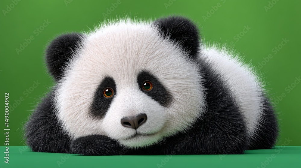 Fototapeta premium Cartoon Panda Lying on a Green Background Looking Bored with Fluffy Textures and Expressive Features