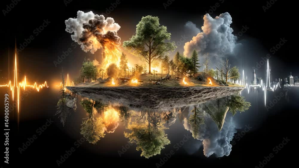eco crisis heartbeat Climate heartbeat with forest fire shows climate heartbeat in burning trees and collapsing cities driven by rising climate heartbeat signals.  fire and storm climate art 