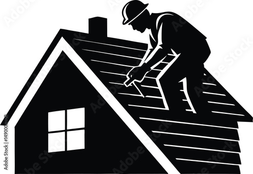 Roofer Fixing Roof Shingles Silhouette