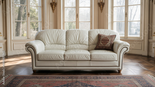 Wallpaper Mural Elegant white leather sofa positioned in a bright room with large windows and decorative accents Torontodigital.ca
