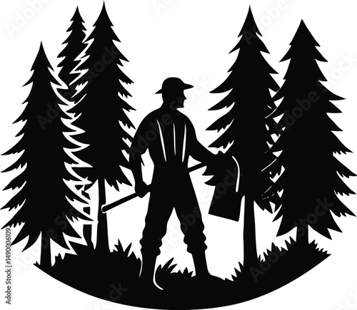 Woodcutter Chopping in Forest Silhouette