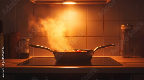 64. Stir fry in a pan on a stove, lit by warm range hood light and kitchen light