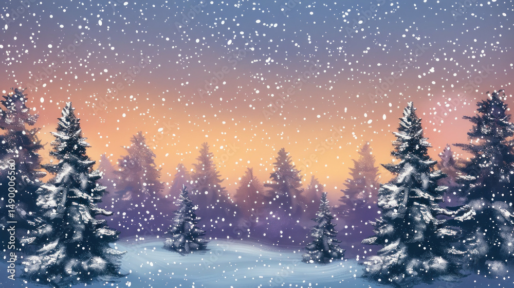 Naklejka premium Tranquil winter snowfall scene snow covered trees and soft orange sky