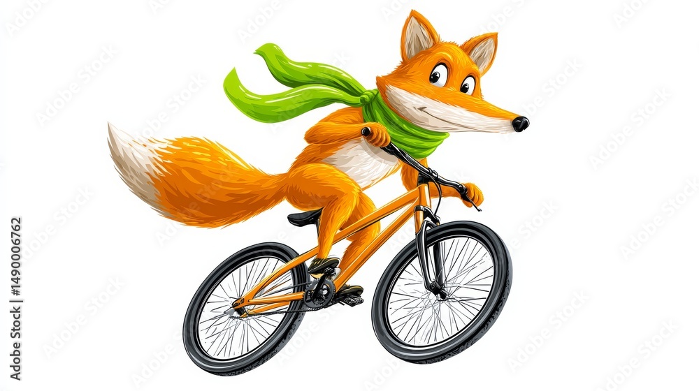Fototapeta premium Cartoon Fox Jumping on BMX Bike with Green Scarf in Playful Action Scene