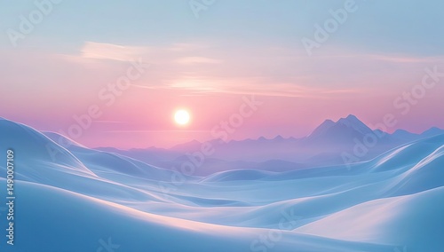 Pastel-hued winter landscape at sunset. Soft, smooth, snow-covered hills roll gently towards a distant mountain range, bathed in a soft pink and blue sunset.  A bright sun sits high in the sky